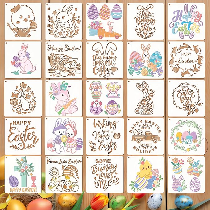 25Pcs Easter Stencils Reusable, 6x6 inch Plastic Drawing Spraying Templates for Painting on Wood, Bunny/Eggs/Farm Spring Stencil for Greeting Cards, Easter Crafts Ornament DIY Window Door Decoration