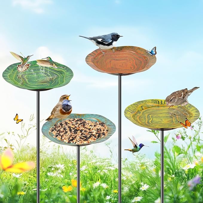 4 PCS Metal Bird Baths for Outdoors, Small Garden Bird Bath with Metal Stake, Hummingbird Feeder for Yard Lawn Decoration (4P-Wave Basin)