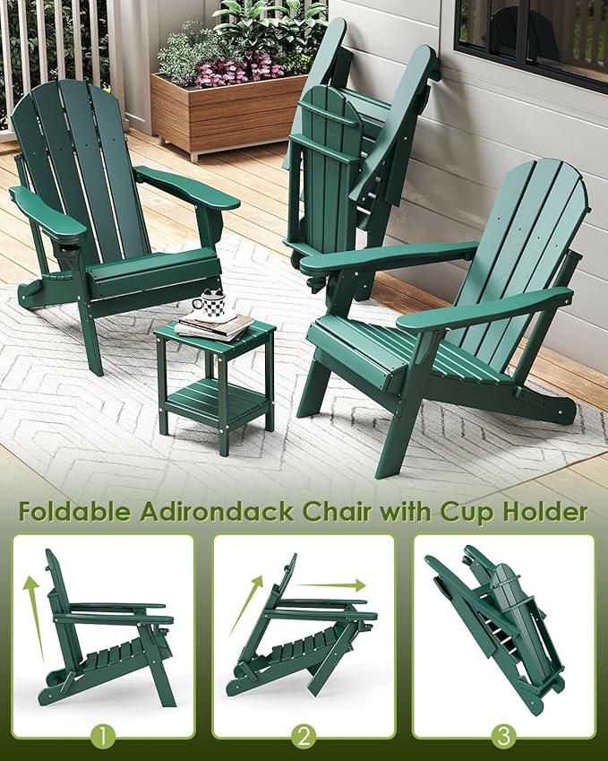 GREENVINES Folding-Adirondack-Chair | HDPE Plastic | Fire Pit Chairs | All Weather | Cup Holder | Forest | for Deck Backyard Patio Outdoor Garden