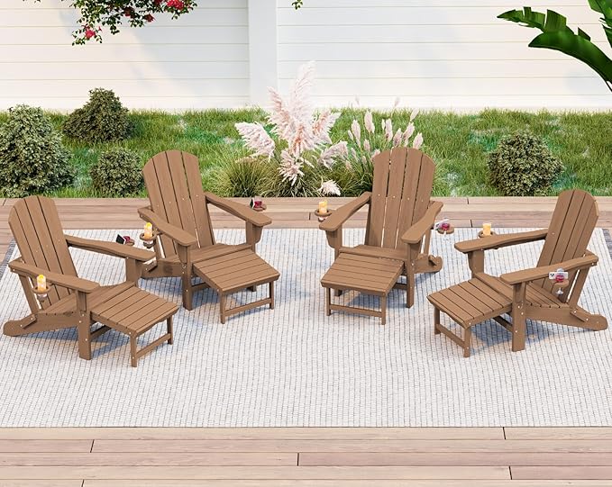 KINGYES Folding Adjustable Adirondack Chair with Ottoman & 2 Cup Holders Set of 4, HDPE Recliner Adirondack Chair with Footrest, Brown