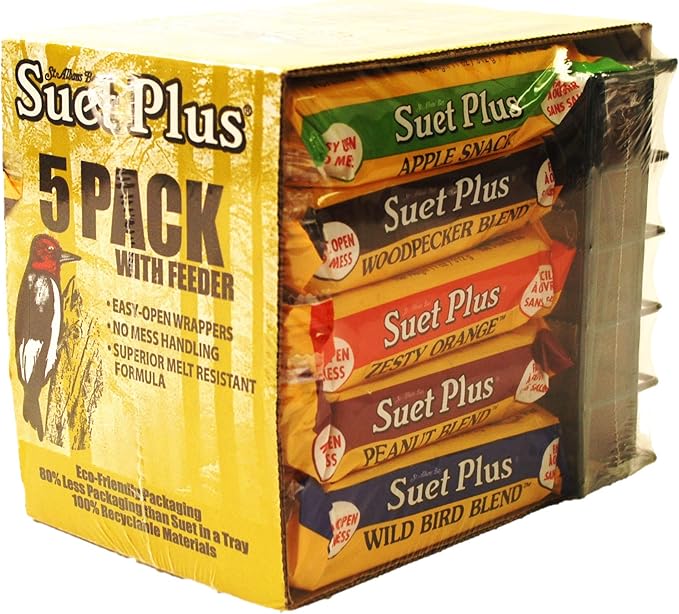 Suet Feeder and Suet Cakes for Wild Birds | 5 Flavors of Suet Cakes for Wild Birds | 11 Ounces Each