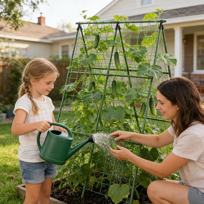 Miory Cucumber Trellis for Raised Beds, 2 Pack 32 x 48 Inch Metal A-Frame Garden Trellis, Connectable to 63 Inch Length, Climbing Plant Support with Netting for Cucumber Tomato Bean Pea