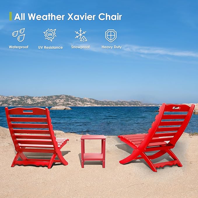 GREENVINES Folding Wave Chairs Set of 2 | Xavier | Portable Adirondack Chair | HDPE | All Weather | Red | for Fire Pit Beach Poolside Outdoor Deck Garden Patio Porch Fishing