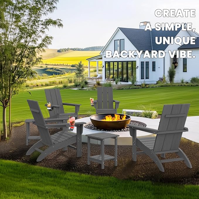 Modern Adirondack Chair, HDPE Plastic Patio Chairs for All Weather, Fire Pit Chair, Outdoor Lawn Chairs for Deck, Porch, Backyard, Garden, Slate Gray