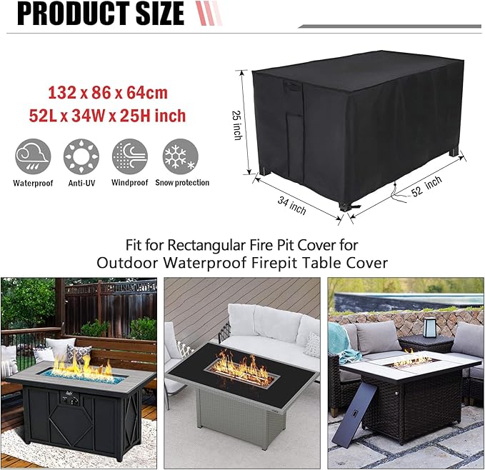 Rectangular Fire Pit Cover for Best Choice Products 52 inch Gas Fire Pit Table,Outdoor Waterproof Propane Firepit Table Cover - 52 X 34 X 25 Inch