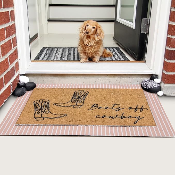 Tinideya 2 Pcs Fall Door Mat Western Cowboy Welcome Non Slip Coir Mats Pink Stripe Floor Layering Doormats Seasonal for Front Porch Entryway Decor(Cowboy)