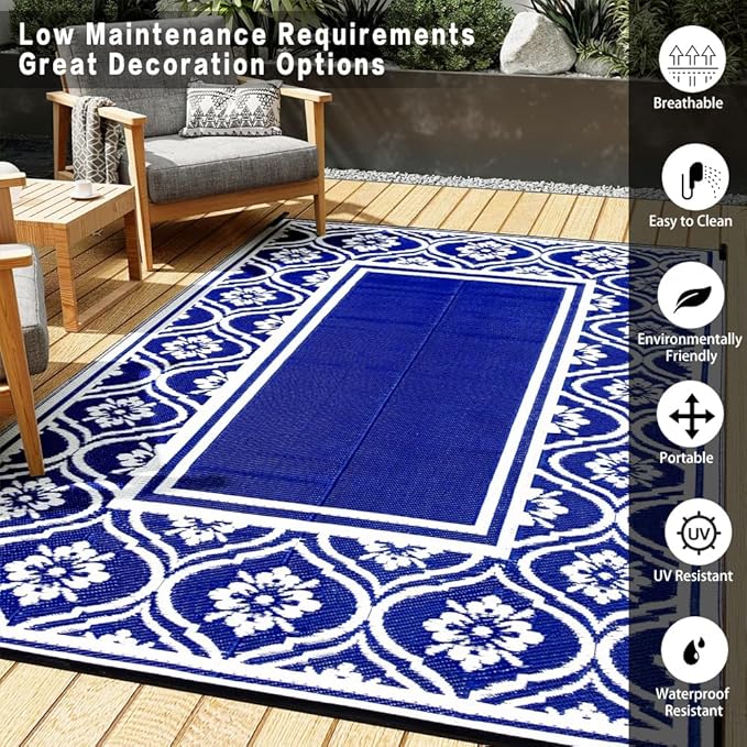 HUGEAR Plastic Outdoor Rug 6'x9' Waterproof Camping Carpet Outside Area Rug Reversible Light Blue Rugs for RV Deck Entryance Porch Picnic Balcony Beach
