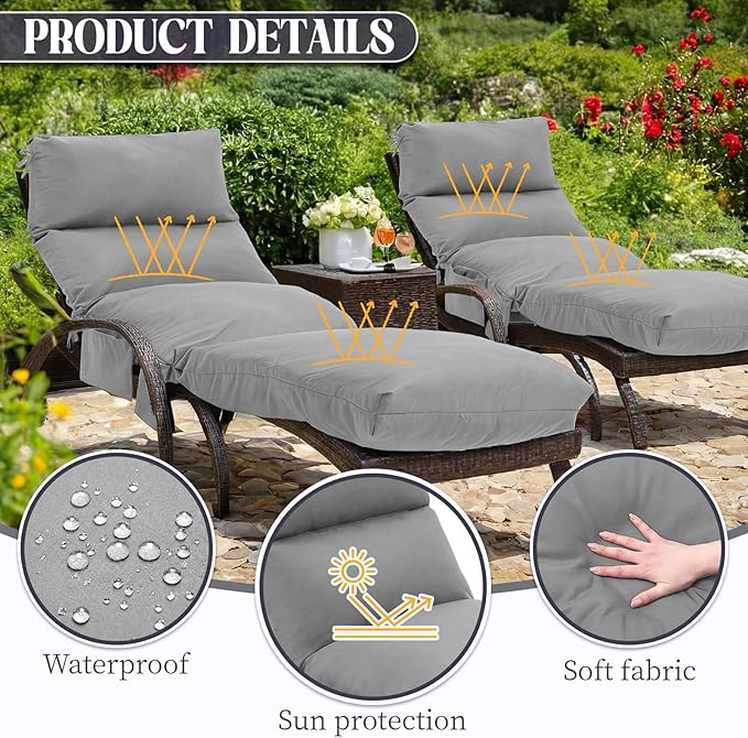 Kigley 2 Pcs Chaise Lounge Cushions, 77.9 x 20.5 x 4.7 Inch Outdoor Lounge Chair Cushions with Pocket, Thick Tufted Patio Recliner Replacement with Ties, Fade Resistant for Pool Furniture (Light Gray)