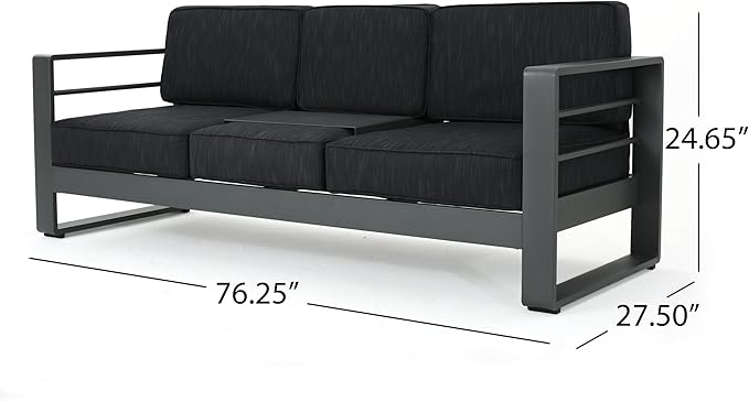 Christopher Knight Home Capecora 3-Seater Sofa with Removable Tray Table, 76.25''W Convertible Aluminum Patio Couch with Cushions, Space-Saving Outdoor Seating for Garden Backyard Balcony, Dark Gray