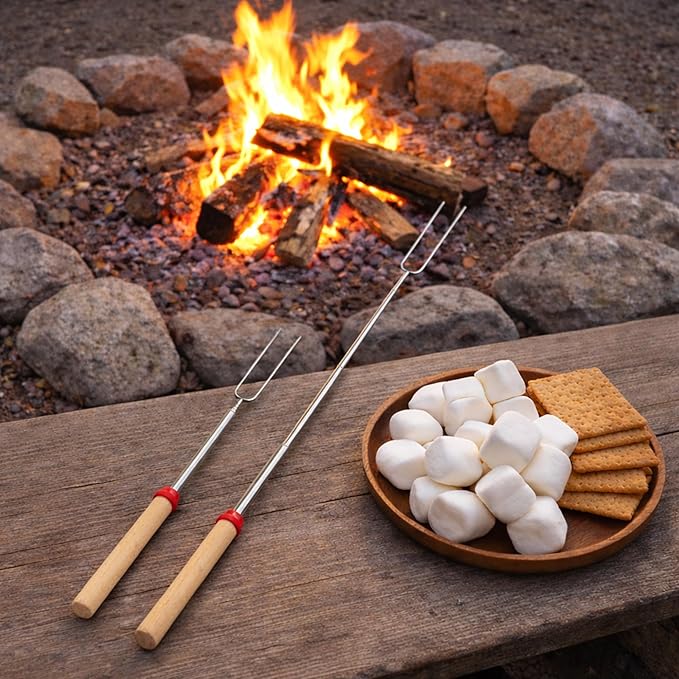 Smores Sticks for Fire Pit – Marshmallow Roasting Sticks & Hot Dog Roasting Sticks, Extendable Stainless Steel Smore Skewers for Campfire Cooking and Camping Essentials, 32 Inch (5-Pack)