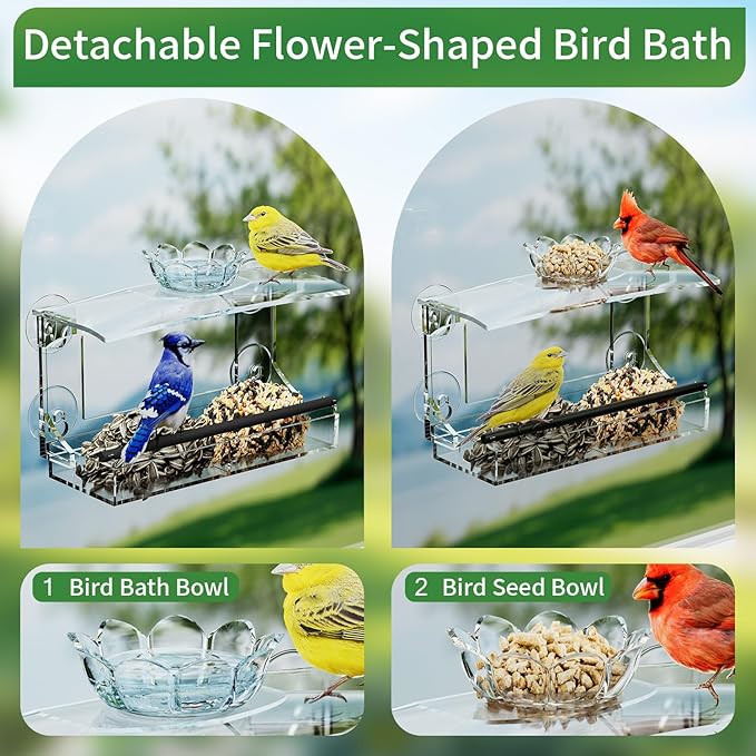 Window Bird Feeder for Outdoors-Clear Acrylic Window Bird Feeders with Strong Suction Cups and Removable Seed Tray,Transparent Birdhouse for Viewing Wild Birds, Ideal Outside Gardening Gifts