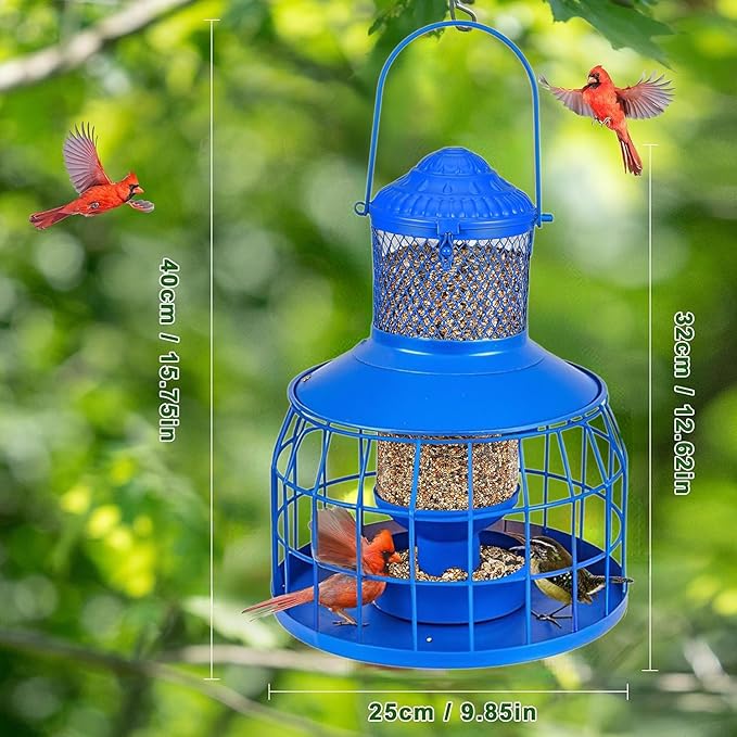 Squirrel Proof Bird Feeders, Metal Wild Bird Feeders for Outdoors Hanging, 3.5LB Heavy Duty Caged Squirrel Proof Bird Feeders, Chew-Proof, Weather Resistant, Patio Backyard Garden Decor (Blue)