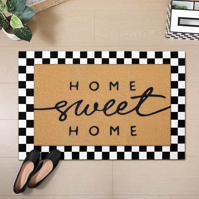 Tinideya 2 Pcs Summer Door Mat Non Slip Wildflower Coastal Hello Sunshine Sweet Home Ocean Pet Welcome Floor Doormat Buffalo Plaid Checked Stripe Mat Seasonal for Front Porch Entryway(Home Sweet)