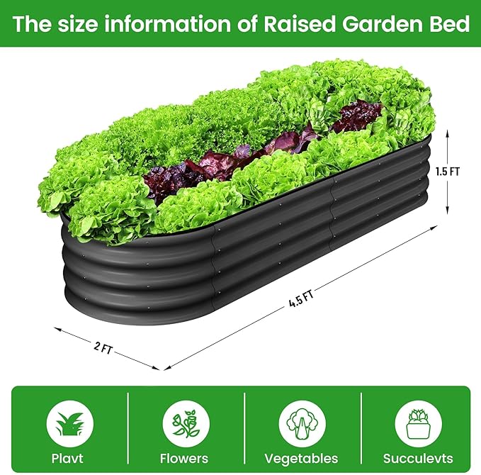 2 Pcs 4.5x2x1.5ft Oval Galvanized Raised Garden Beds, Metal Planter Boxes with Open Base, Tool-Free Assembly for Vegetables, Flowers, Herbs - Outdoor & Patio Use, Gray