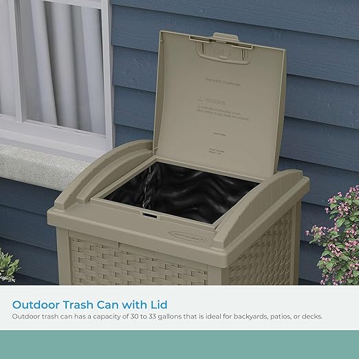 Suncast Hideaway Outdoor Trash Can with Lid - 30 Gallon Trash Can, Dark Taupe, Decorative Wicker-Style Garbage Bin, Weather-Resistant Resin, Fits 30-33 Gallon Bags, Ideal for Patio & Yard, Made in USA