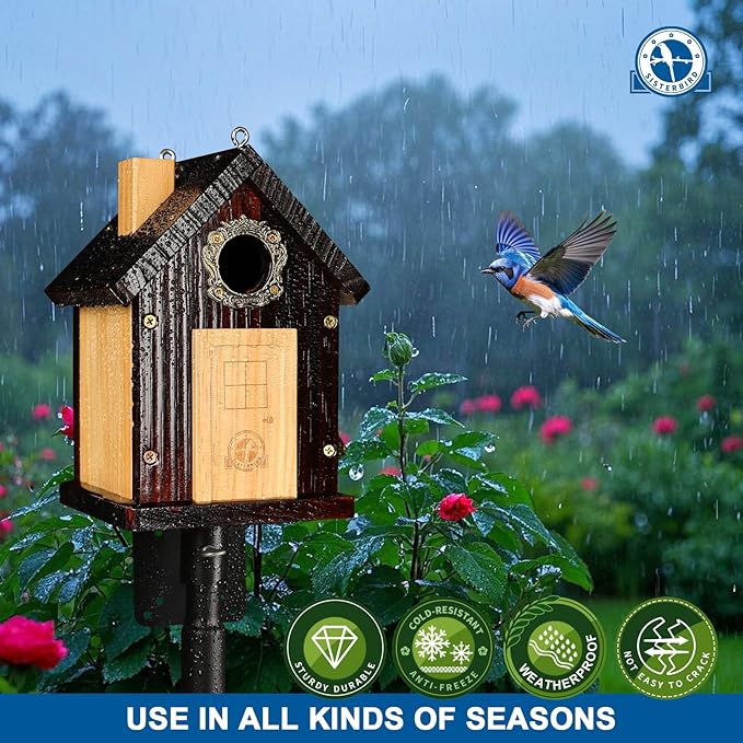 Pack of 2 Premium Bluebird Houses for Outside, All Seaons Bird Houses for Outside, Wooden Cabin Birdhouses for Outdoors, Weatherproof Courtyard Decorated Hanging Bird House