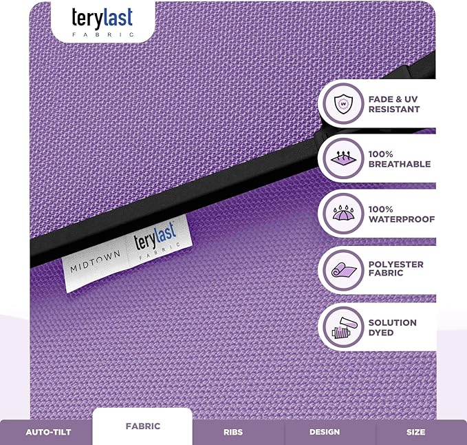 Midtown Umbrellas - 10-Year-No-Fade 9 Ft Patio Umbrella with Terylast Fabric, Auto-Tilt Aluminum Frame and 8 Reinforced Ribs for Deck, Pool, Garden & Beach - Purple Canopy, Black Pole