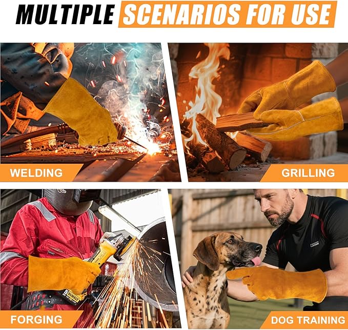 16INCH Welding Gloves 932℉ Fire & Heat Resistant - Premium Leather Forge Gloves for Welder, Blacksmith, Fireplace, Wood Stove, Fire Pit, Grilling, Furnace