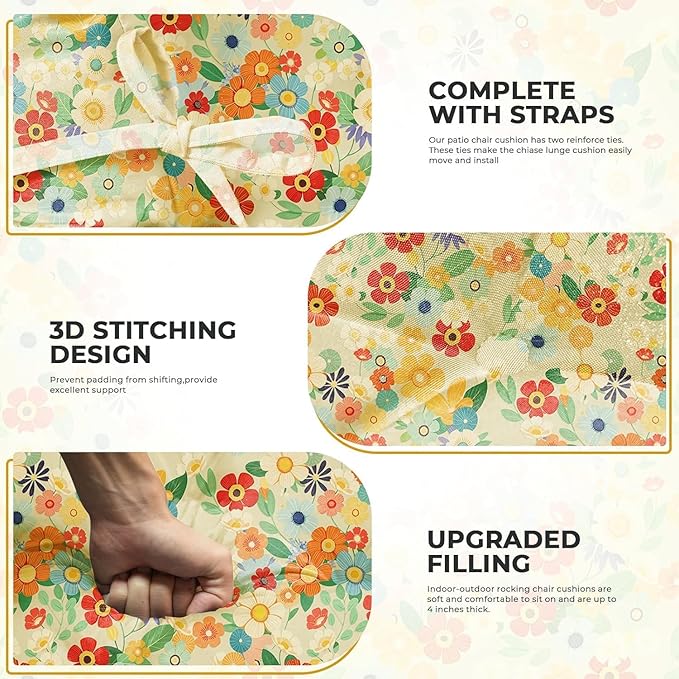 Rocking Chair Cushion, Waterproof Chairs Cushions for Adirondack Chairs Patio Chair High Back Thicked Cushions Outdoor and Indoor with Ties, Daisy
