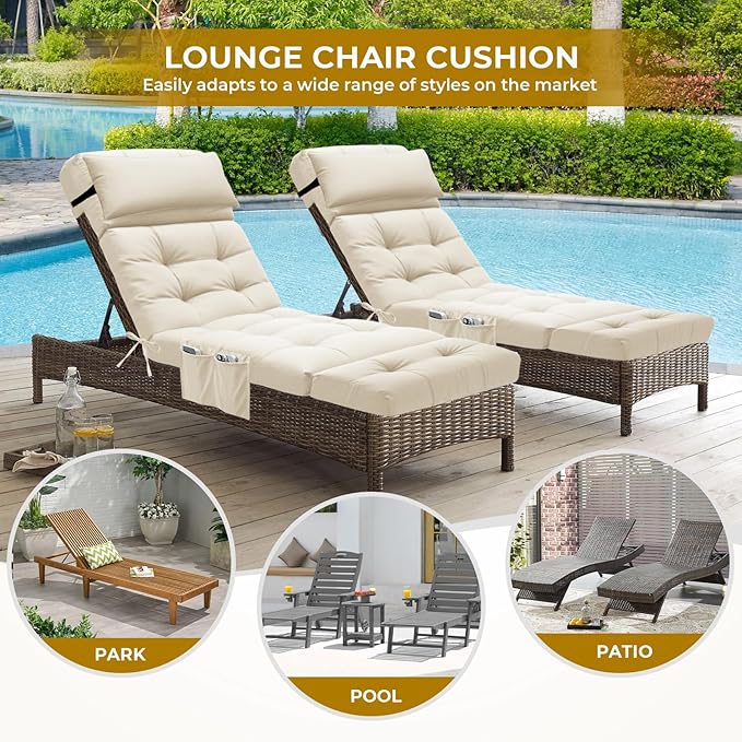 Outdoor Chaise Lounge Chair Cushion Waterproof 74.4 x 22 x 4.7 Inches Lounge Chair Cushions Thickened for Outdoor Furniture with Headrest and Pocket, Replacement Pool Lounge Cushions, Cream