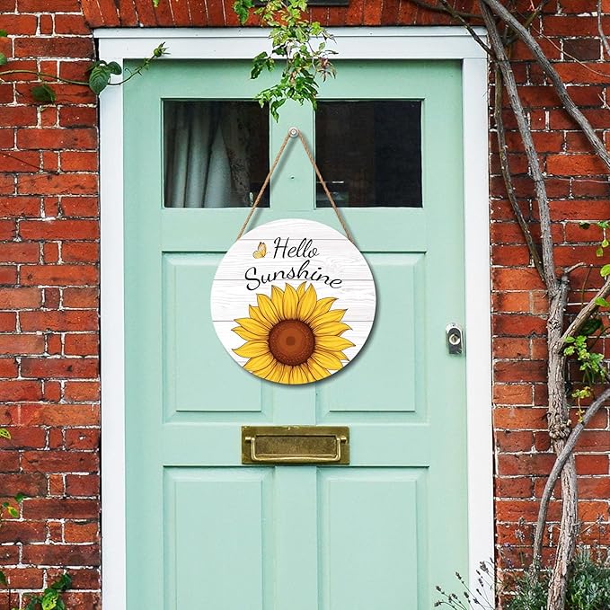 Hello Sunshine Door Sign For Front Door Decor,Spring Summer Sunflower Butterfly Wooden Sign 12"x 12" Round Hanging Door Sign Decoration for Wall Rustic Decor