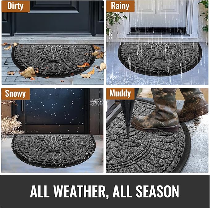 Mibao Front Door Mat Indoor Outdoor Entrance, Semicircular Entrance Mat, Half Round Waterproo Non-Slip Durable Rubber Door Mats, Low Profile Heavy Duty Doormat for Garage, Patio, 30" x 18", Grey