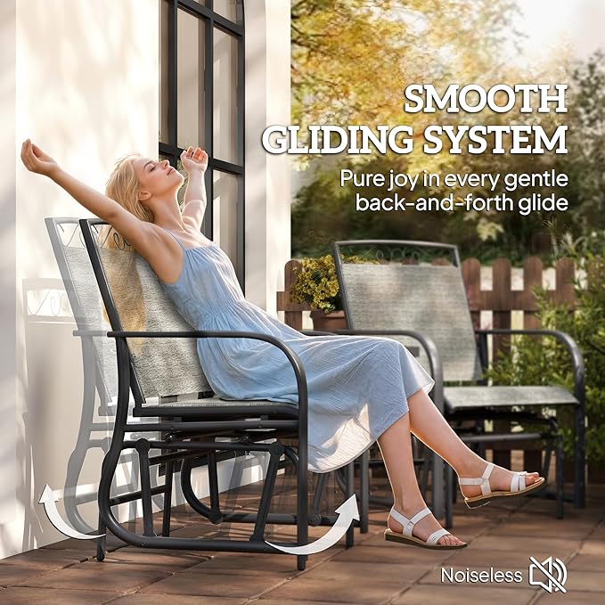 Outsunny Outdoor Glider Chairs with Coffee Table, Patio 2-Seat Rocking Chair Swing with Breathable Sling for Backyard, Garden and Porch, Gray