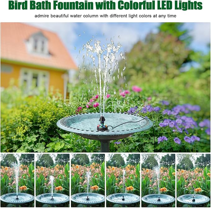 SZMP Bird Bath Fountains, Upgraded 24-Hours Working Bird Bath Fountain Pump with Light & 7 Nozzle, 16.4Ft Power Cord & Adapter, Adjustable Water Pump for Garden, Fish Tank, Outdoor (Colorful)