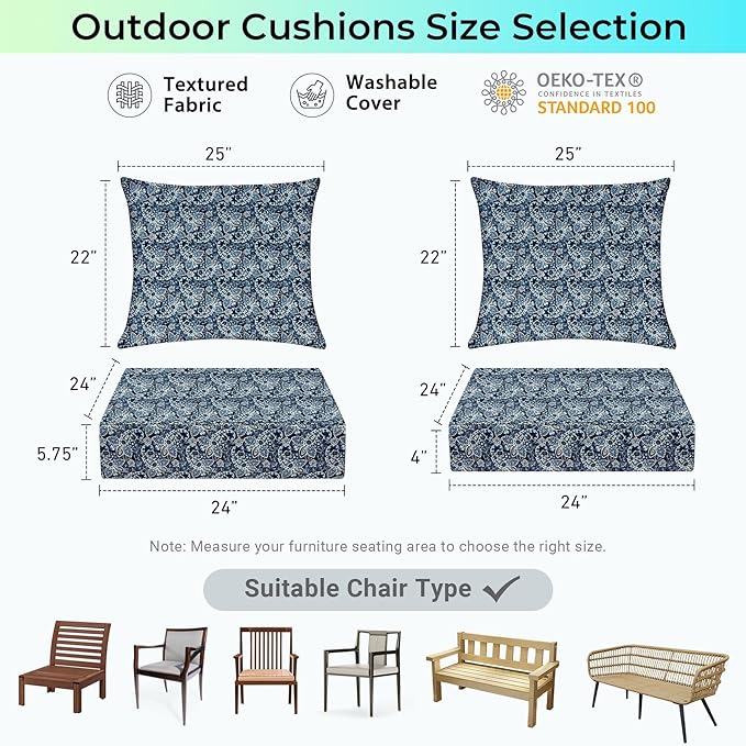 Outdoor Cushions for Patio Furniture,Outdoor Seat Cushion Set 24 x 24 x 4 Inch,Waterproof & Fade Resistant Outdoor Chair Cushions,Deep Patio Chair Cushion with Removable Cover,Green Paisley