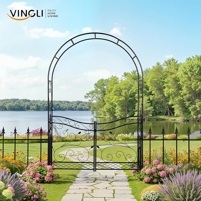 VINGLI Garden Arbor Arch, Wedding Arch Archway for Ceremony Party, Trellis for Plant Climbing, Christmas Decorations Pergola for Backyard, Lawn, Patio, Yard (Arbor with Gate and Fence)