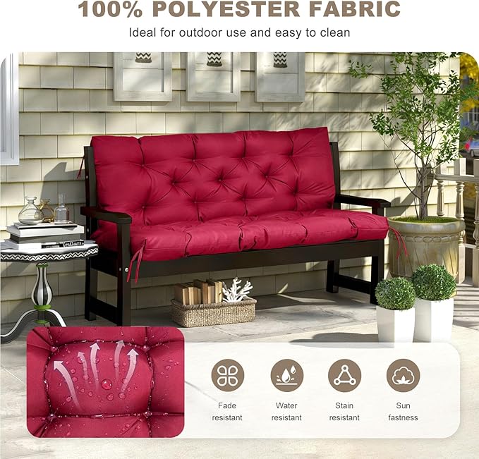 Porch Swing Cushion with Backrest,Waterproof Bench Cushion for Outdoor Furniture,2-3 Seater Replacement Thickened Swing Cushion with Ties,Patio,Outdoor,Backyard and Garden (Wine Red,47x40)