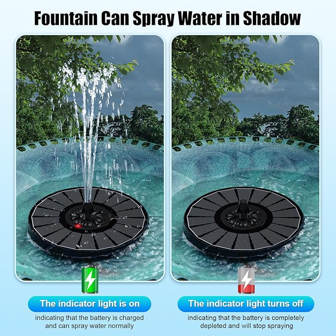 SZMP Solar Fountain Work On Cloudy Day,Solar Water Bird Bath Fountain with Faster Conversion Glass Solar Panel and Power Indicator,Built-in 2000mAh Battery,Outdoor Garden Decor(Black Panel)