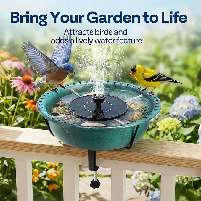 VIVOHOME Deck Mounted Bird Bath with Solar Fountain, Outdoor ABS Birdbath Bowl with Adjustable Metal Clamp, Solar Powered Pump for Railing, Fence, Balcony, 1.45 Gallons, Green