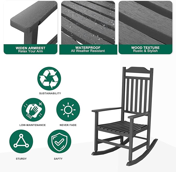 Outdoor Rocking Chair Porch Rocker All Weather Resistant Porch Rocker for Lawn Garden High Back Armrest (2,Black)
