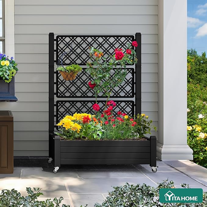 YITAHOME 43.3x17.7x61 in Planter Trellis Box with Wheels & Drain Plug, Outdoor Resin Raised Garden Bed for Climbing Plants, Large Weather-Resistant Design, Black
