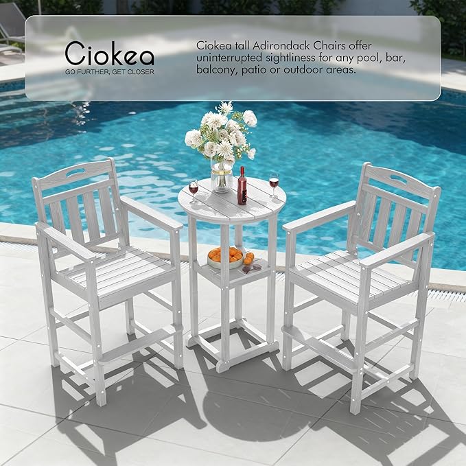 Ciokea Set of 2 Outdoor Tall Bar Chairs, 27" Bar Height Patio Stools with Arms & High Back, Heavy Duty All-Weather Adirondack Tall Chairs for Balcony, Poolside, Deck and Garden, White