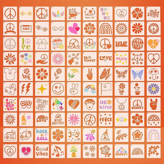 Fainne 100 Pcs 2 Inch Stencils Small Stencils for Painting on Wood Reusable Painting Templates Crafts for DIY Scrapbook, Wood, Wall, Fabric, Rock, Chalkboard, Sign(Groovy Party)