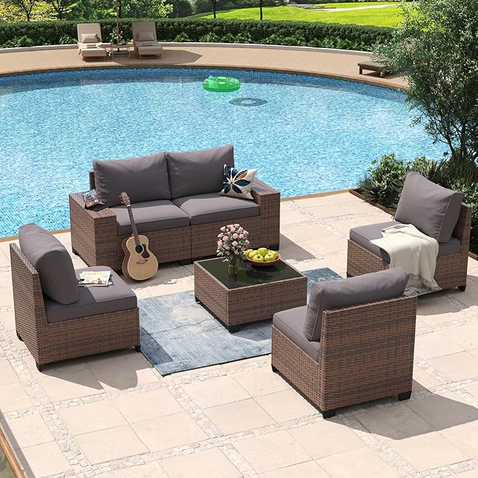 Aoxun 6 Piece Patio Furniture Set with Wide Armrests Wicker Rattan Outdoor Sectional Sofa Set with Coffee Table and Thickened Cushions, Brown/Grey(Waterproof Cover Included)