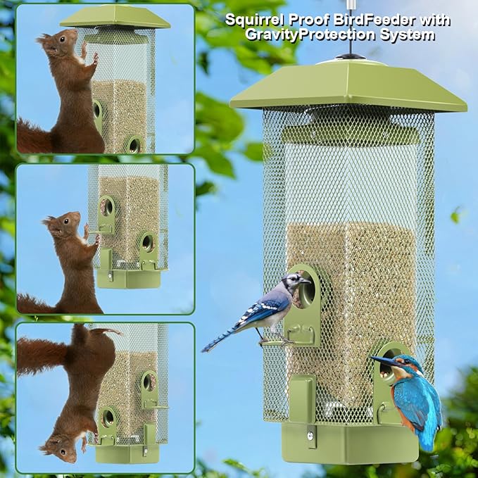 Bird Feeders for Outdoors Squirrel Proof with Weight Activated Perches, Metal Mesh Bird Feeder Hanging Wild Bird Feeder,2.2lbs Seed Capacity for Finch Cardinal Chickadee Sparrow...