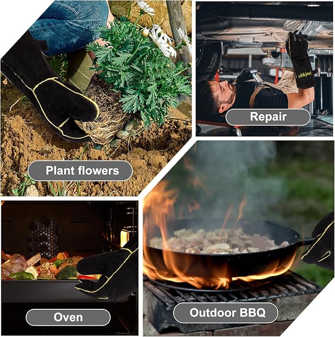 Fireplace Gloves Fire Heat Resistant: Fireproof Leather for Fireplace Fire Pit Wood Stove Campfire Furnace (L)