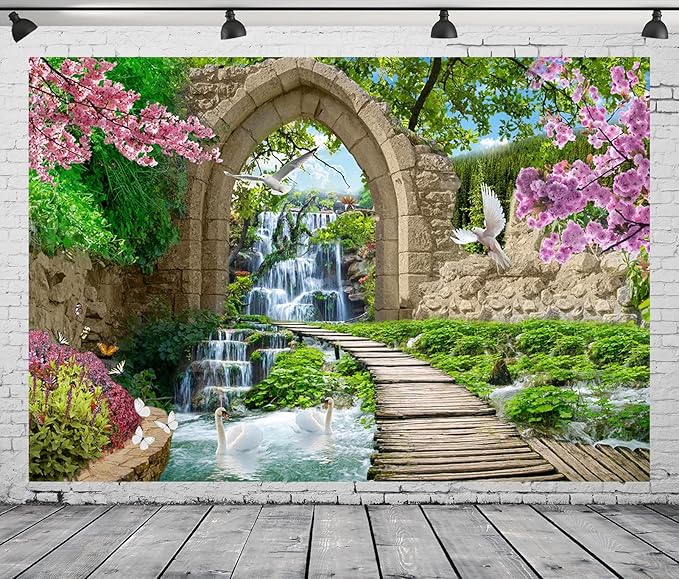 BELECO 9x6ft Fabric Romantic Garden Backdrop Mountain Waterfall Blooming Cherry Blossoms Dove Swan Lake River Bridge Wonderland Background Home Wall Decor Birthday Wedding Photoshoot Studio Props