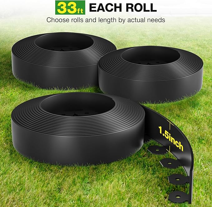 100ft,1.5in Tall Landscape Edging Kit with 150 Spikes, Not Digging Flexible Plastic Edge Border for Landscaping, Lawn, Garden, Flower Beds, Yard, Paver, Playground, Fence, Pathway,3pack, 33ft Each