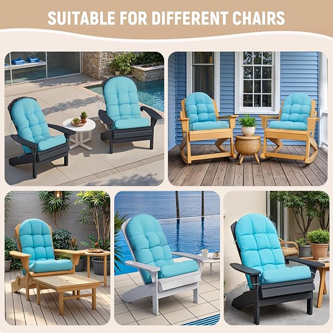 Adirondack Chair Cushion, Rocking Chair Cushions, High Back Patio Cushions, Thickened Weather Resistant Patio Cushion with 6 Ties, Non Slip Fade & Waterproof