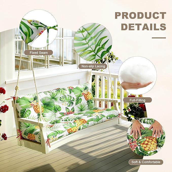Porch Swing Cushion with Backrest,Waterproof Bench Cushion for Outdoor Furniture,2-3 Seater Replacement Thickened Swing Cushion with Ties,Patio,Outdoor,Backyard and Garden (Tropical Pineapple,40x40")