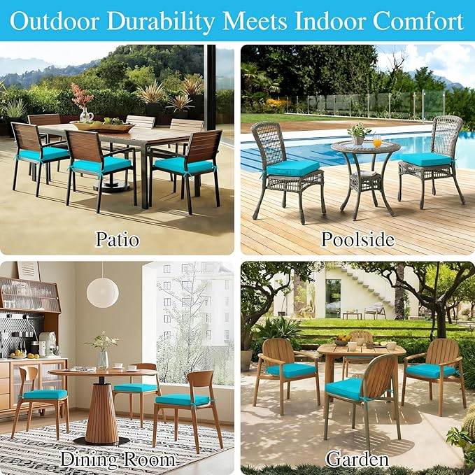Amagenix Outdoor Chair Cushions Set of 2, 20"x18"x3" Waterproof Outdoor Seat Cushions for Patio Furniture, Stripe Reversible Patio Cushions with Ties & Handle & Hidden Zipper, Fade-Resistant,Teal