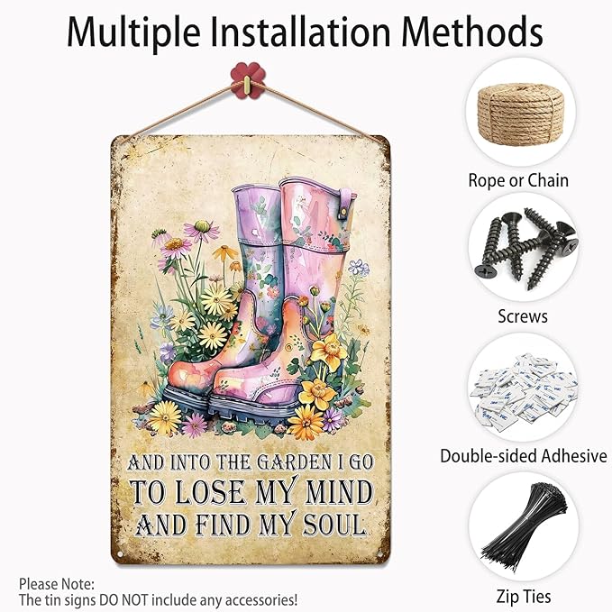 Garden Metal Tin Sign 8x12 Inch, Vintage Floral Rain Boots Wall Decor with Inspirational Quote Into the Garden I Go, Rustic Farmhouse Gardening Sign, Shed Patio Porch Outdoor Bar Cafe Wall Decoration