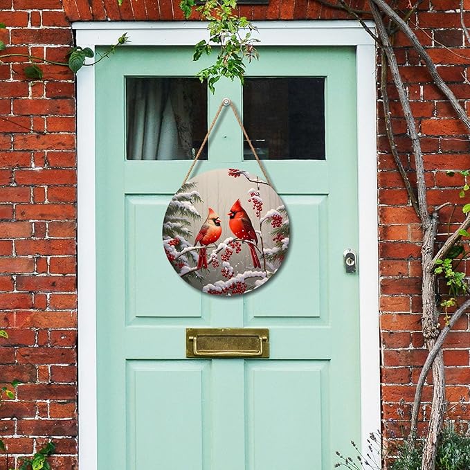 Winter Red Cardinal Bird Door Sign For Front Door Decor,Holly Berry Branches Snow Wooden Sign 12"x 12" Round Wood Hanging Door Sign Winter Decoration for Wall Rustic Decor