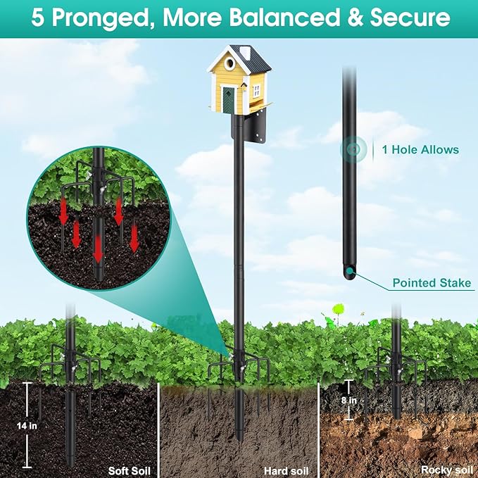 Bird House Pole,74 Inch Heavy Duty Bird Feeder Pole Mount Kit for Outdoors, 5-Prong Base, Splicing Adjustable Feeding Stand Station for Birds Watching,Weather Station (Birds House Not Included)