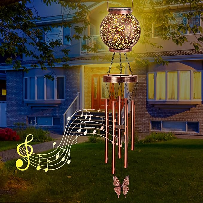 YHmall Solar Wind Chimes for Outside, Hanging Memorial Wind Chimes for Mom Women Grandma, Flower Solar Lantern Windchimes Outdoors for Garden Decor