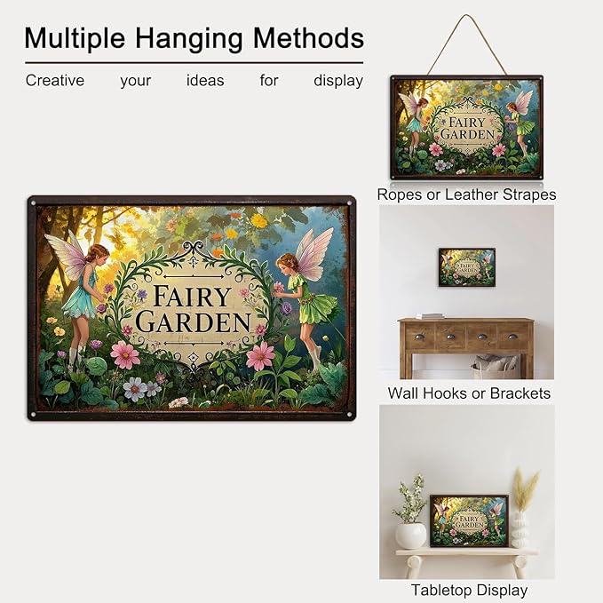 Gardening Gifts Vintage Garden Mental Tin Signs " FAIRY GARDEN" Retro Fairies Plants Picture for Home Garden Greenhouse Yard Decor (8x12 Inch)